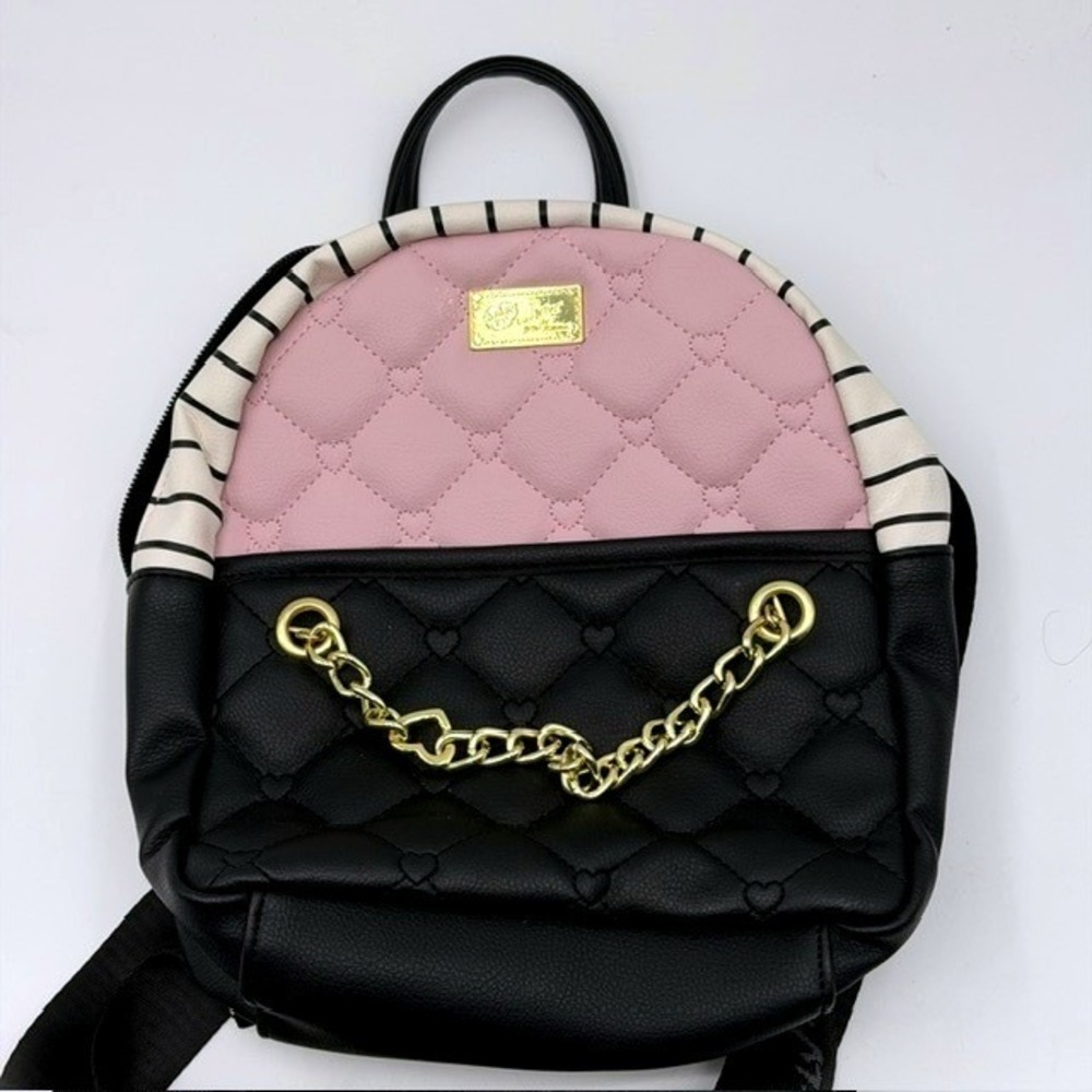 Luv Betsey by Betsey Johnson Mini Backpack Pink Black Heart Quilt Striped Chain - Picture 3 of 13